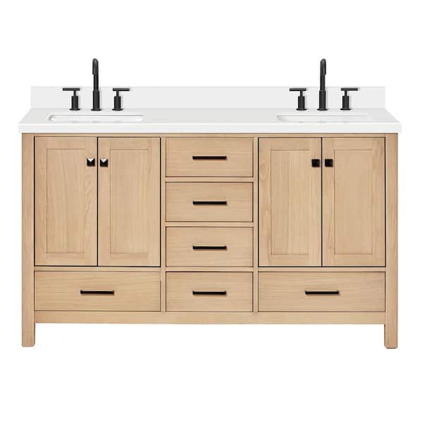Cambridge 60 in. W x 22 in. D x 36 in. H Double Freestanding Bath Vanity in Oak with Pure White Quartz Top