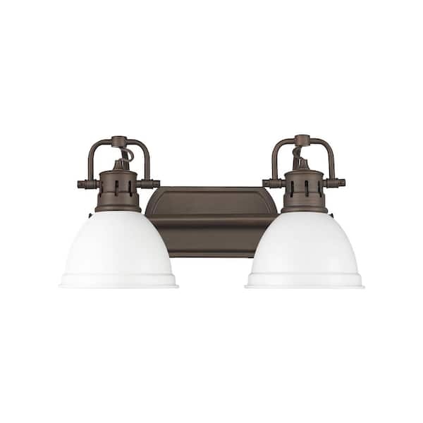 Golden Lighting Duncan 8.25 in. 2-Light Rubbed Bronze Vanity Light with White Shade