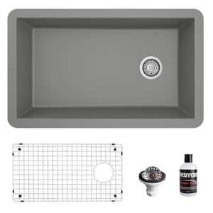 QU-670 Quartz/Granite 32 in. Single Bowl Undermount Kitchen Sink in Grey with Bottom Grid and Strainer