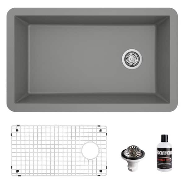 Karran QU-670 Quartz/Granite 32 in. Single Bowl Undermount Kitchen Sink in Grey with Bottom Grid and Strainer