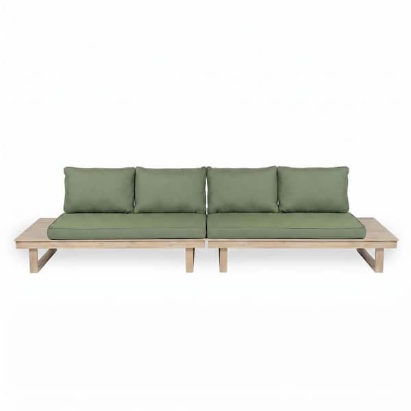 Troy Light White Finish Acacia Wood 4-Seater Sofa Outdoor Patio Sectional with Green Cushions