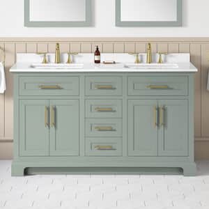 Doveton 60 in. Double Sink Freestanding Sage Green Bath Vanity with White Engineered Stone Top (Assembled)