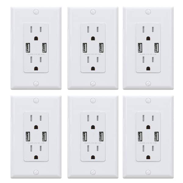 4.0 Amp Dual USB Ports with Smart Chip 15 Amp Duplex Tamper Resistant Outlet Wall Plate Included, White (6-Pack)