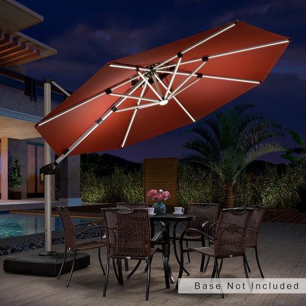PURPLE LEAF 11 ft. Octagon Aluminum Solar Powered LED Patio Outdoor Large Cantilever Umbrella Heavy-Duty Sun Umbrella in Brick Red