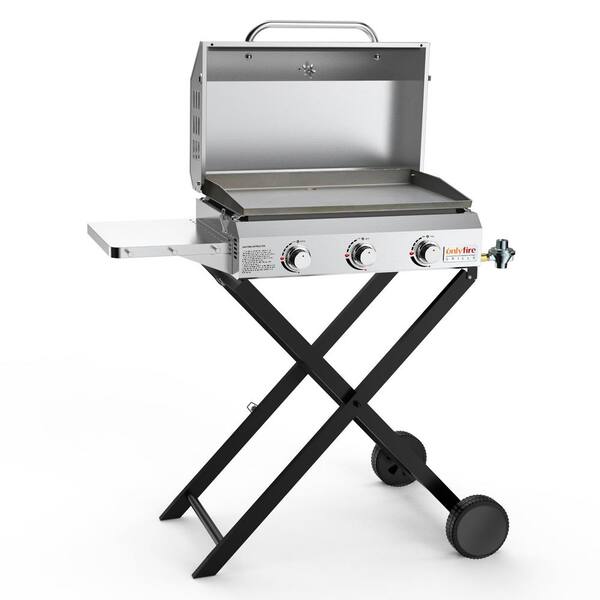 onlyfire 3 Burner Flat Top Propane Gas Grill Griddle Stove in Silver with Cart Stainless Steel Side Shelf and Lid THT121 SS The Home Depot