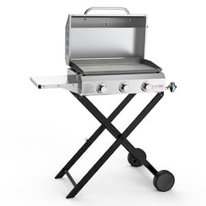 3-Burner Flat Top Propane Gas Grill Griddle Stove in Silver with Cart, Stainless Steel Side Shelf and Lid