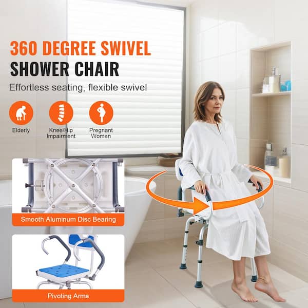 360° Swivel Shower Chair Adjustable with Pivoting Arms 400 lbs. Capacity Freestanding Elderly Disabled Injured, Blue