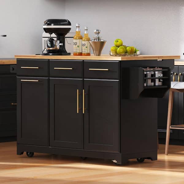 Rolling Black Drop Leaf Rubber Wood Top 59 in. Kitchen Island with Power Outlet, Trash Can Storage