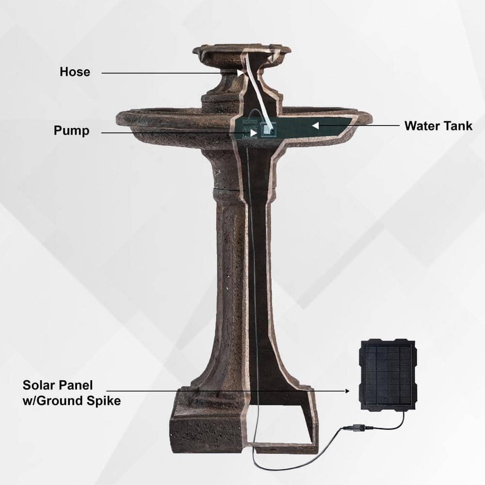 28" Brown Resin Solar Powered Outdoor Birdbath Water Fountain