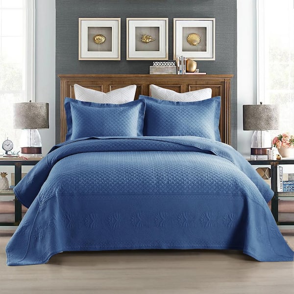 TM Midtone Blue Fishscale Embroidery King Size Cotton Oversized Bedspread Set Coverlet Set Lightweight Quilt Set
