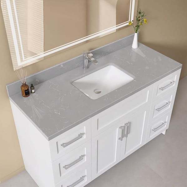 Gudt 54 in. W x 22 in. D Engineered Stone Vanity Top Rectangular Single White Sink Bathroom Vanity Top in Gray