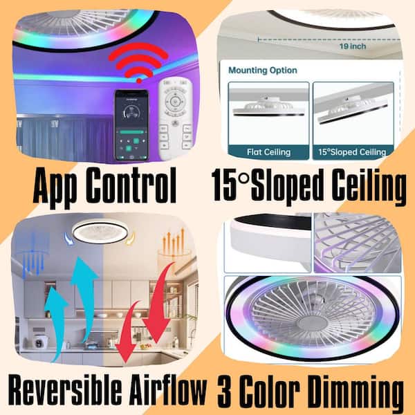 Galaxy Series 19 in. Smart Indoor White Low Profile Enclosed Bladeless Ceiling Fan with RGB Dimmable LED Light Remote
