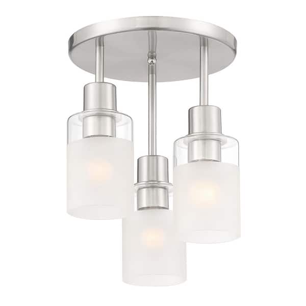 Cedar Lane 11 in. 3-Light Brushed Nickel Modern Entryway Semi-Flush Mount with Clear Glass Shade