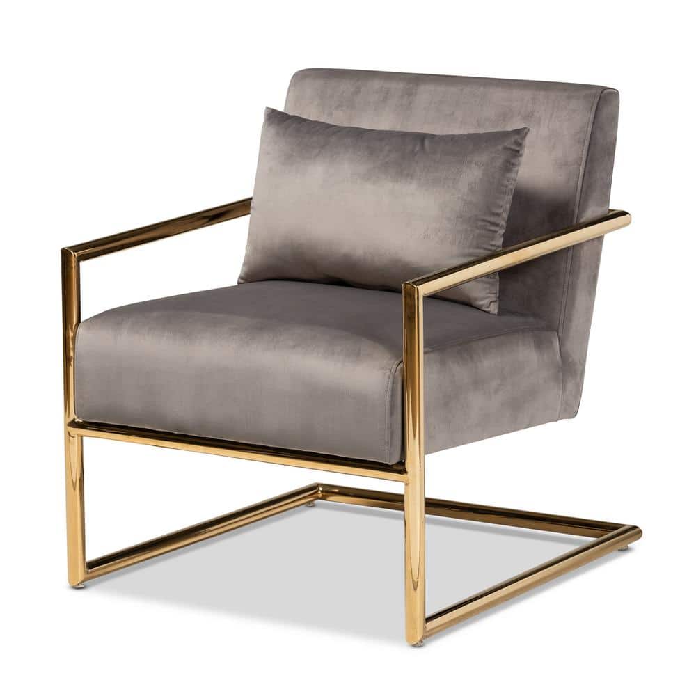 Gray Velvet Upholstered Accent Chair with Gold Metal Frame