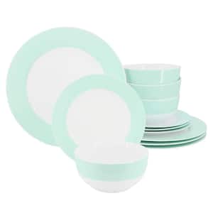 12-Piece Baby Blue Banded Fine Ceramic Dinnerware Set