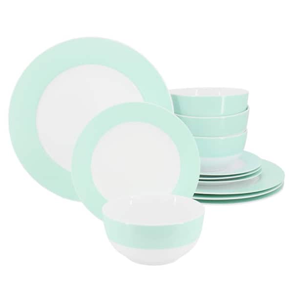 MARTHA STEWART 12-Piece Baby Blue Banded Fine Ceramic Dinnerware Set