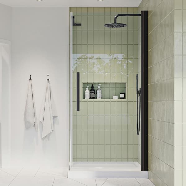 OVE Decors Pasadena 34 in. L x 32 in. W x 75 in. H Corner Shower Kit with Pivot Frameless Shower Door in ORB and Shower Pan