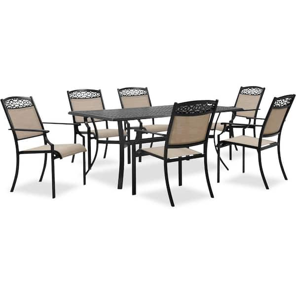 Lisbon 7-Piece Aluminum Outdoor Dining Set with 6 Sling Stationary Chairs and 39 in. x 68 in. Cast-Top Dining Table