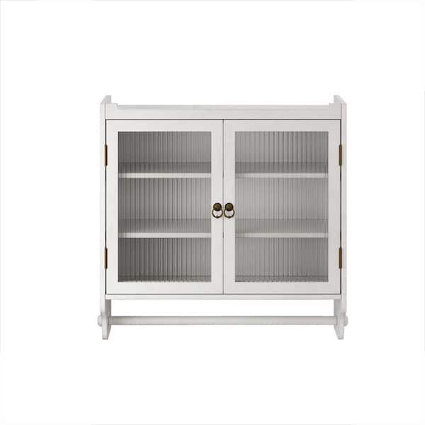 Anqtovp 24.8 in. W x 7.08 in. D x 23.62 in. H Vintage Double Glass Door Bathroom Storage Wall Cabinet with 3-Tier in WhiteWashed