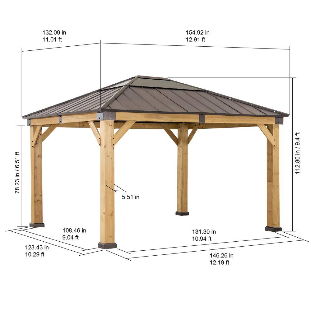 Sunjoy 11 x 11 ft. Cedar Framed Gazebo with Brown Steel and Polycarbonate Roof