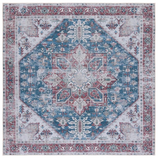 Tucson Navy/Red 9 ft. x 9 ft. Machine Washable Distressed Ornate Border Square Area Rug