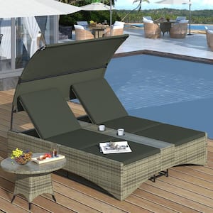 Adjustable Backrest Gray Wicker Outdoor Chaise Lounge with Sunshade Roof, Cup Holders, Storage Space and Gray Cushions