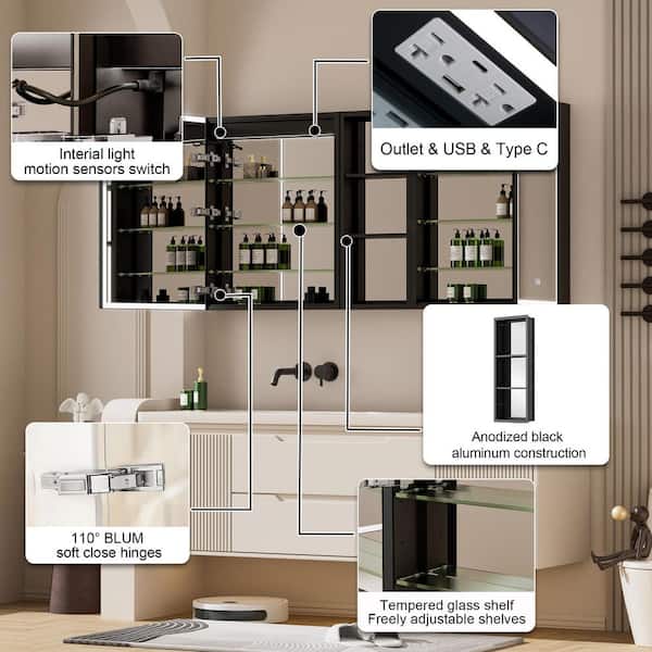 60 in. W x 30 in. H Rectangular Black Aluminum Recessed/Surface Mount LED Medicine Cabinet with Mirror and Outlet