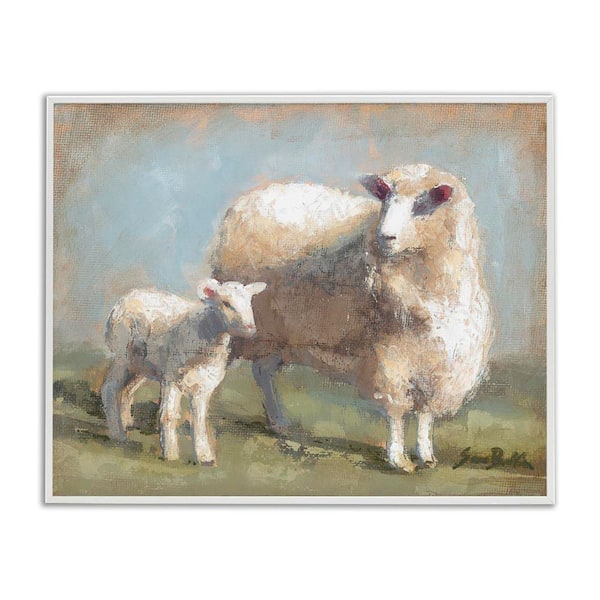 Sheep & Lamb Family Farm by Sara Baker White Framed Giclee Art Print Animal 24 in. x 30 in.