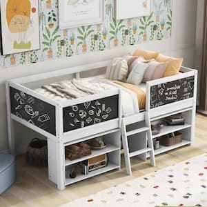 White Wood Frame Twin Size Low Loft Bed with 4 Decorative Guardrail Blackboards, 2 Movable Shelves, Mini Sloping Ladder
