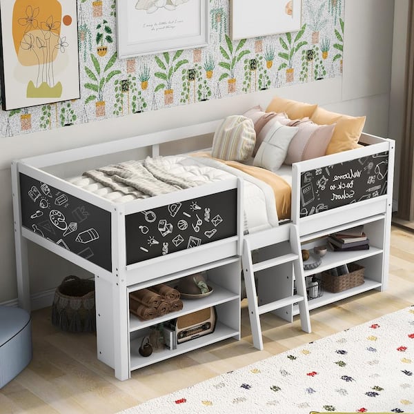 Harper & Bright Designs White Wood Frame Twin Size Low Loft Bed with 4 Decorative Guardrail Blackboards, 2 Movable Shelves, Mini Sloping Ladder