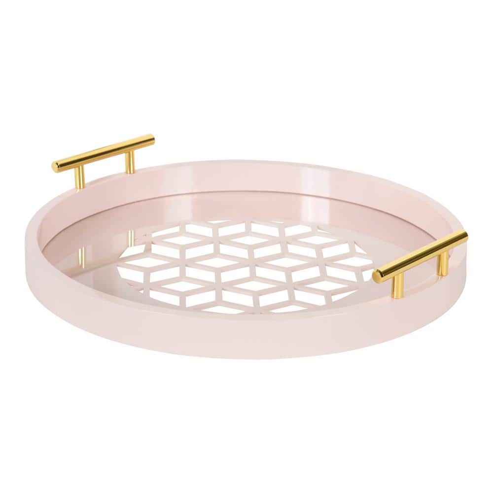 Round Pink Glass Serving Tray with Gold Handles