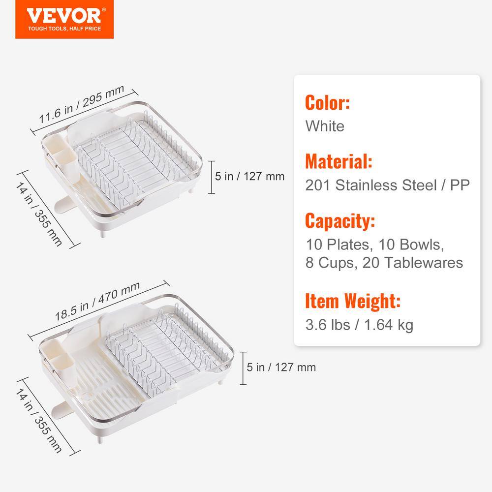 Expandable White and Stainless Steel Dish Drying Rack with Utensil Cup