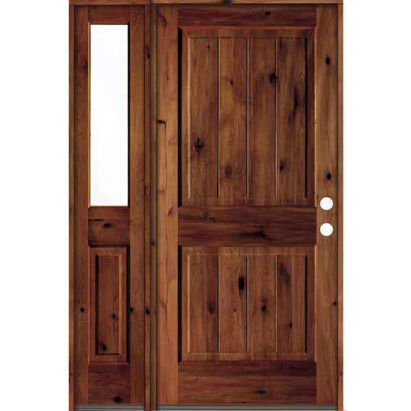 Krosswood Doors 50 in. x 80 in. Rustic Knotty Alder Left-Hand/Inswing Clear Glass Red Chestnut Stain Wood Prehung Front Door w/Sidelite