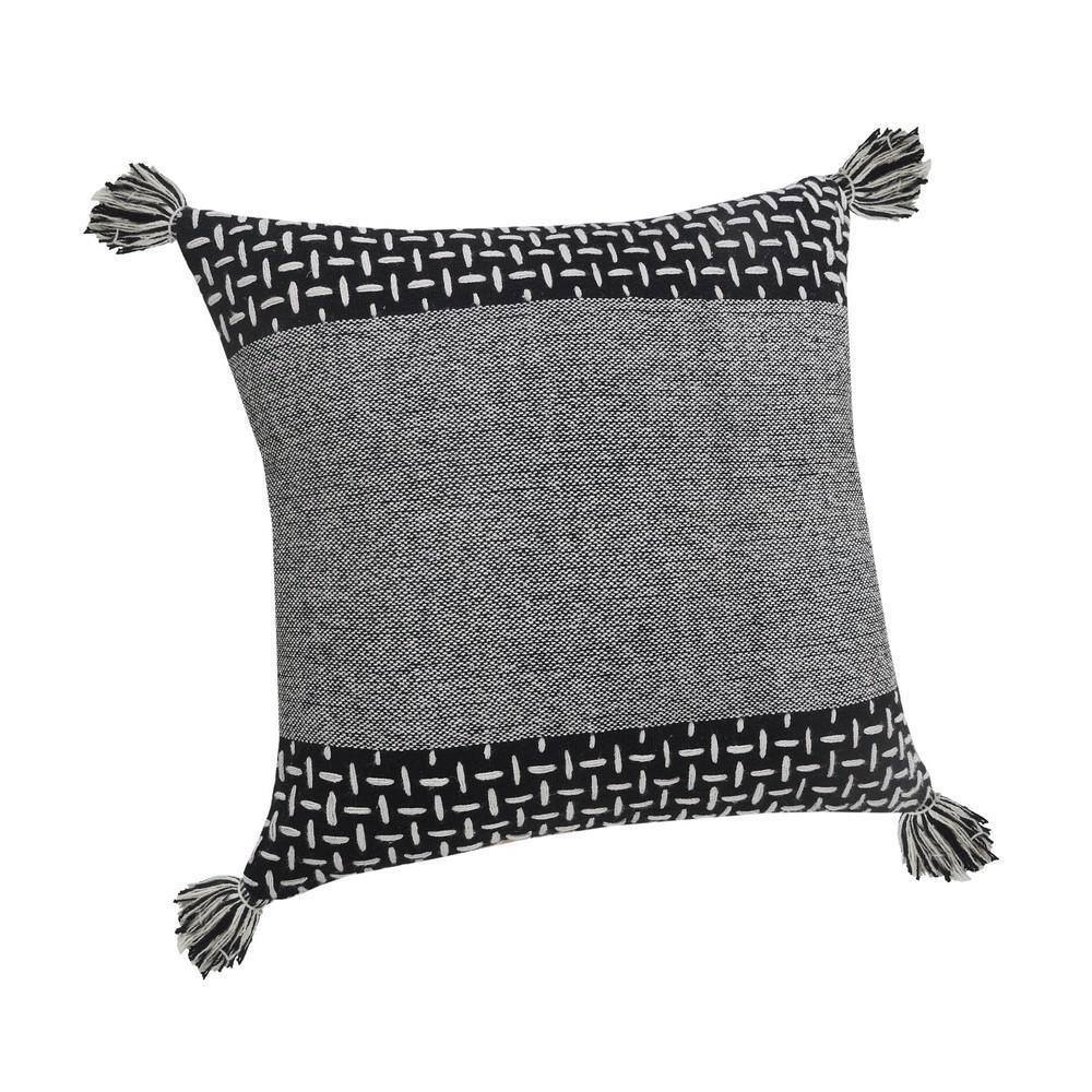 LR Home Interwoven Dash 20" Square Black/White Cotton Throw Pillow with Tassels
