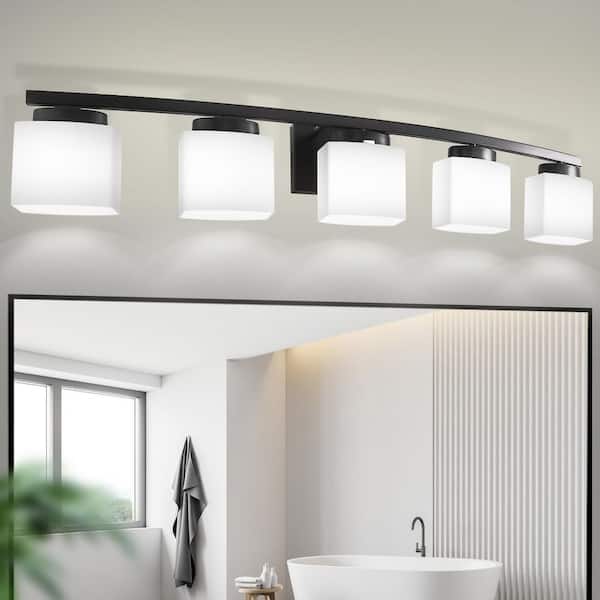 41 in. 5-Light Matte Black Vanity Light with Curved Arms and Milk White Shades for Bathroom