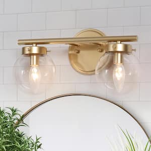 Modern Light Gold Bathroom Vanity Light 14.2 in. W 2-Light Powder Room Wall Light with Globe Clear Glass Shades