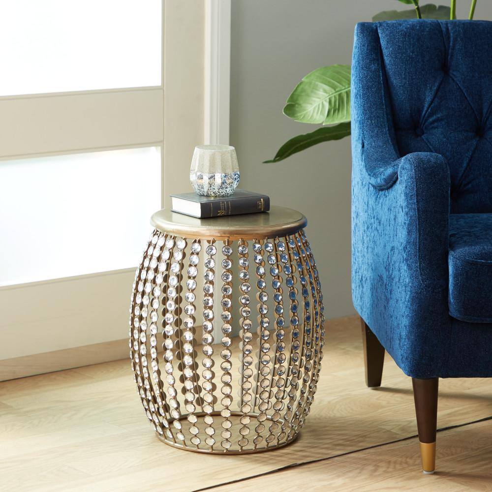 Elegant Gold 20" Round Wood & Metal Accent Table with Crystal Embellishments
