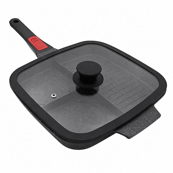 3 Section Grill Pan for Stove Tops with Detachable Handle, Nonstick Versatile Griddle Pan with Lid, PFOA Free, Black
