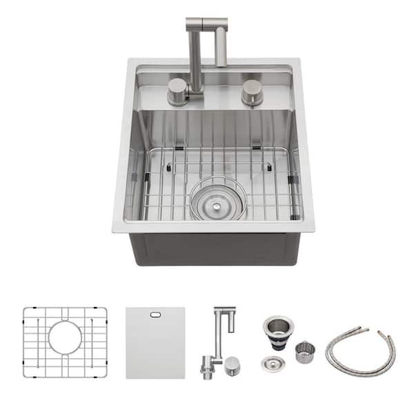 16-Gauge Stainless Steel 15 in. Single Bowl Undermount Bar Sink with Folding Faucet