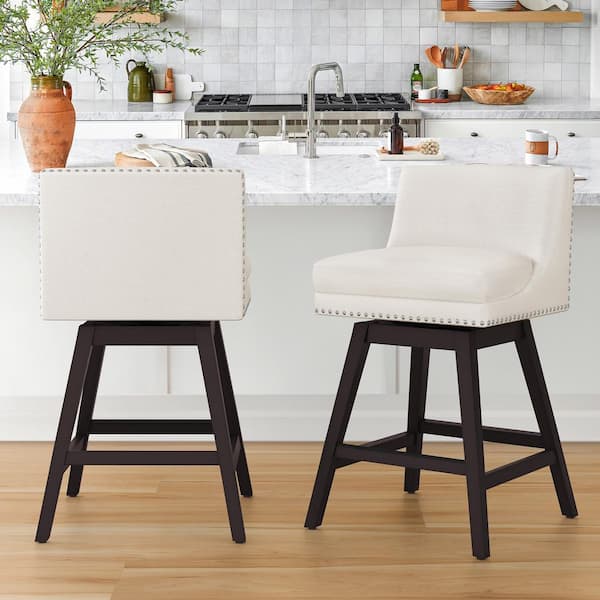 cozyman Zorro 27 in.Beige Fabric Upholstered Swivel Counter Stool Wood Frame Double Cushion Swivel Bar Stool Set of 2