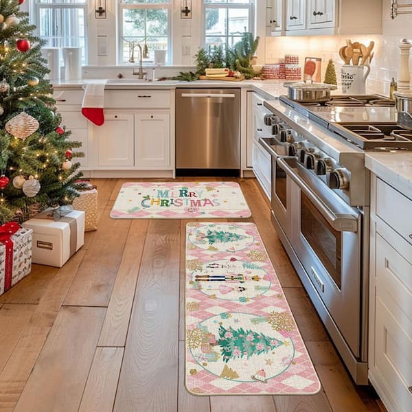 Plaid Merry Christmas Indoor Kitchen Mats Set of 2-Pink (17 in. x 29 in. Plus 17 in. x 47 in. )
