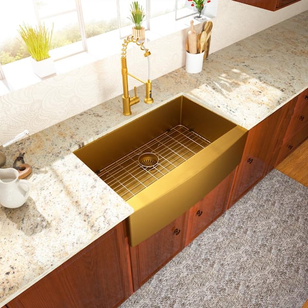 Gold 30 in. Apron-Front Stainless Steel 16-Gauge Single Bowl Farmhouse Kitchen Sink with Bottom Grids