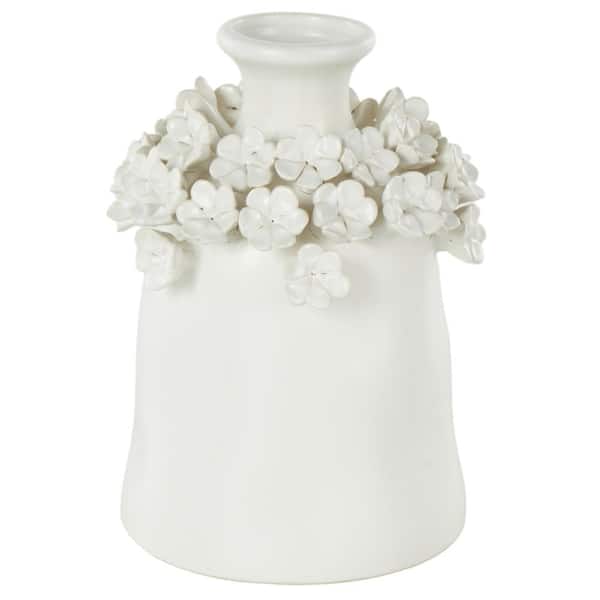 Litton Lane 9 in. White Round Ceramic Floral Decorative Vase with Narrow Opening