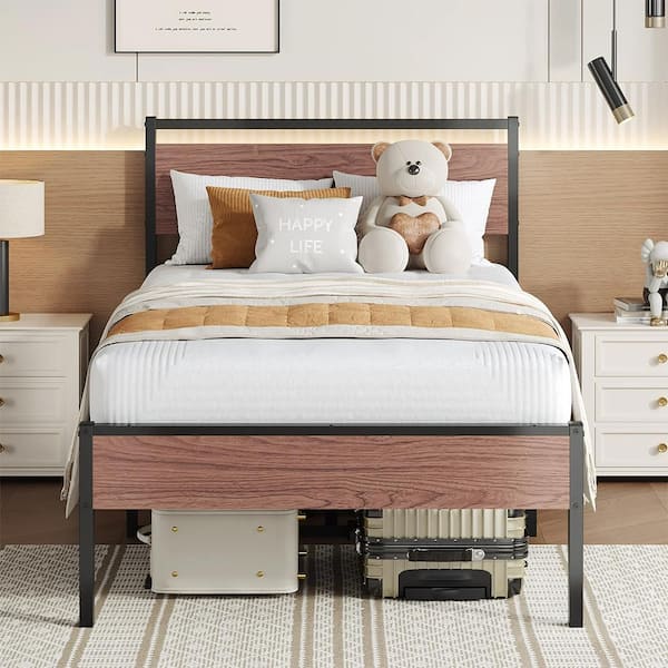 YOFE Brown Metal Frame Twin Platform Bed with Wood Headboard, Bedroom Kids Teens Adult Metal Bed Frame