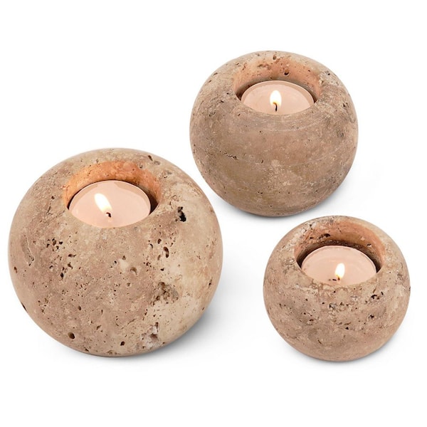 Set of 3 Handmade 4 in. Brown Marble Tealight Candle Holders – Elegant Travertine Votive for Weddings and Home Decor
