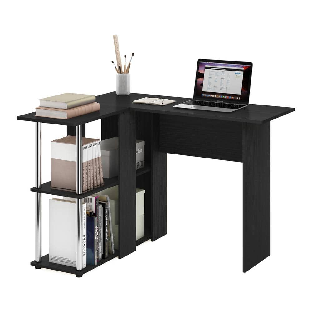Americano and Chrome L-Shape Corner Writing Desk with Shelves