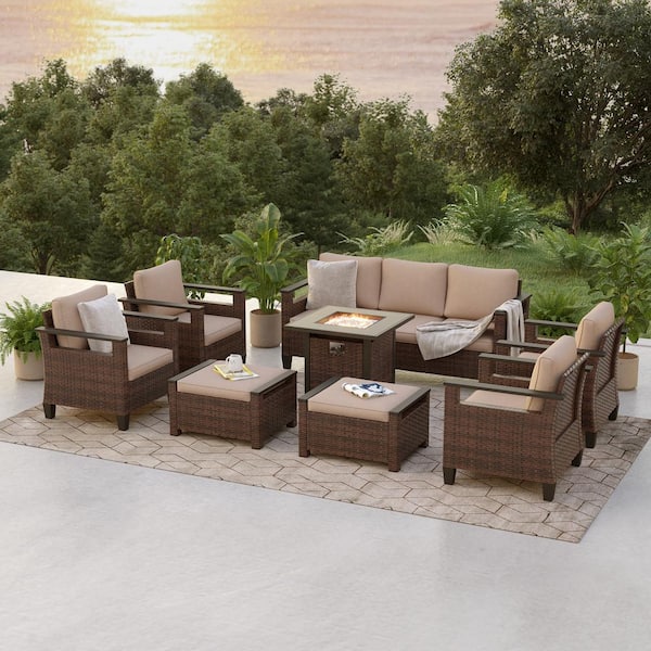 Sonkuki 8 Pieces Brown Wicker Sand Cushion Patio Conversation Set with Square Firepit Table and Ottomans