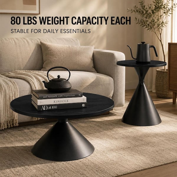 27 in. Black Round MDF Coffee Table Set with Steel Base (2-Pieces)