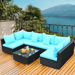 7-Piece Black Wicker Patio Conversation Set with Blue Cushions
