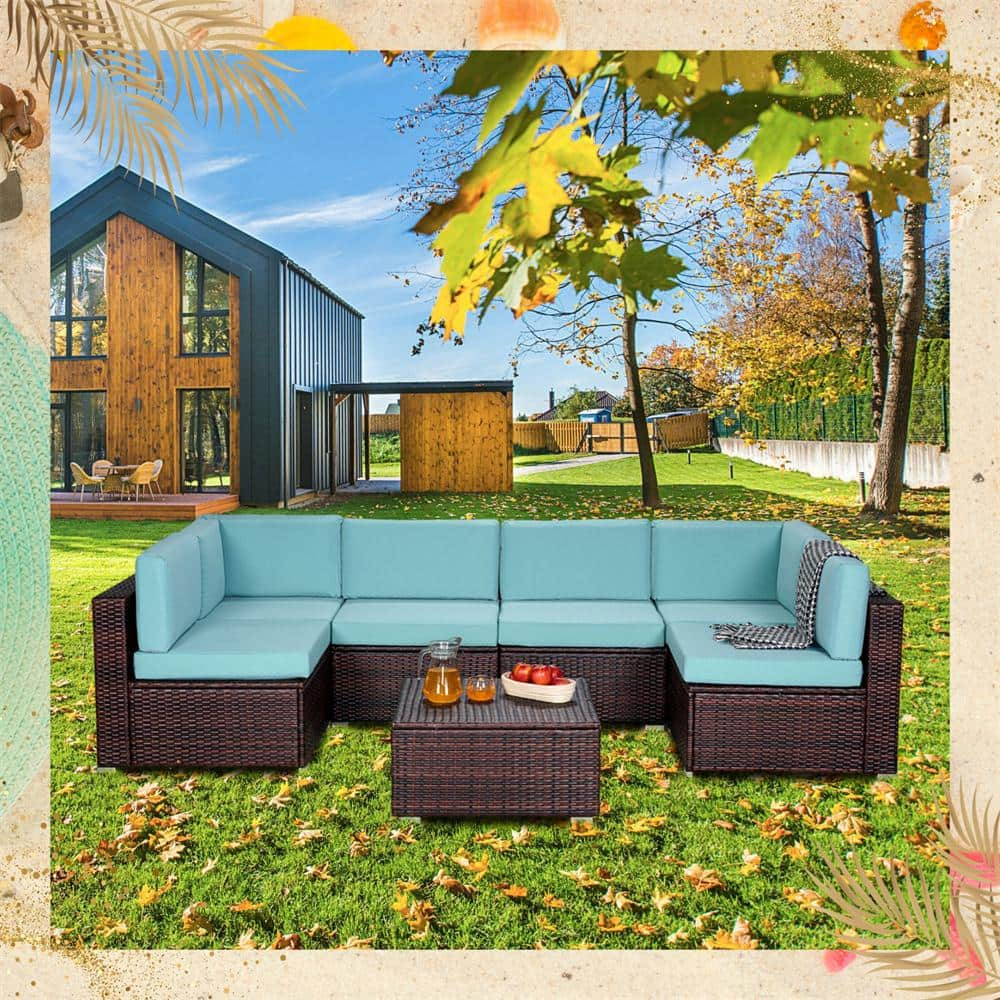 Afoxsos Brown 7Pieces PE Rattan Wicker Outdoor Sectional Sofa Sets